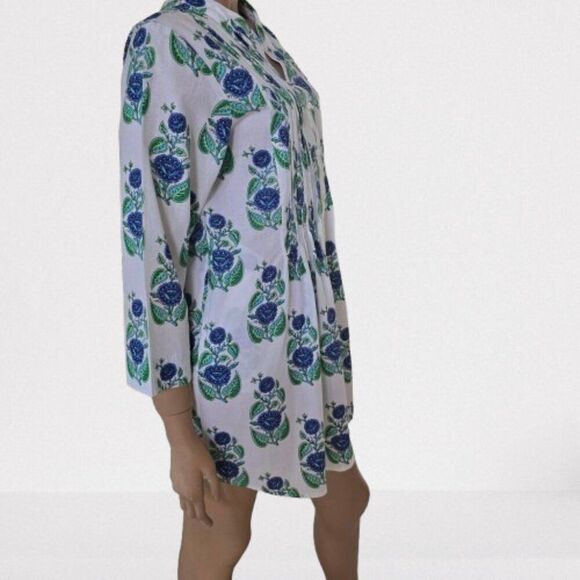 Mary Marshmallow Floral Print Tunic Dress Women Sz S Blue Green White All Cotton - Picture 4 of 9